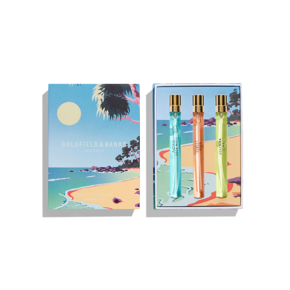 Goldfield & Banks Coast to Coast Travelset 3x10ml — Sunset Hour, Bohemian Lime, Pacific Rock Moss