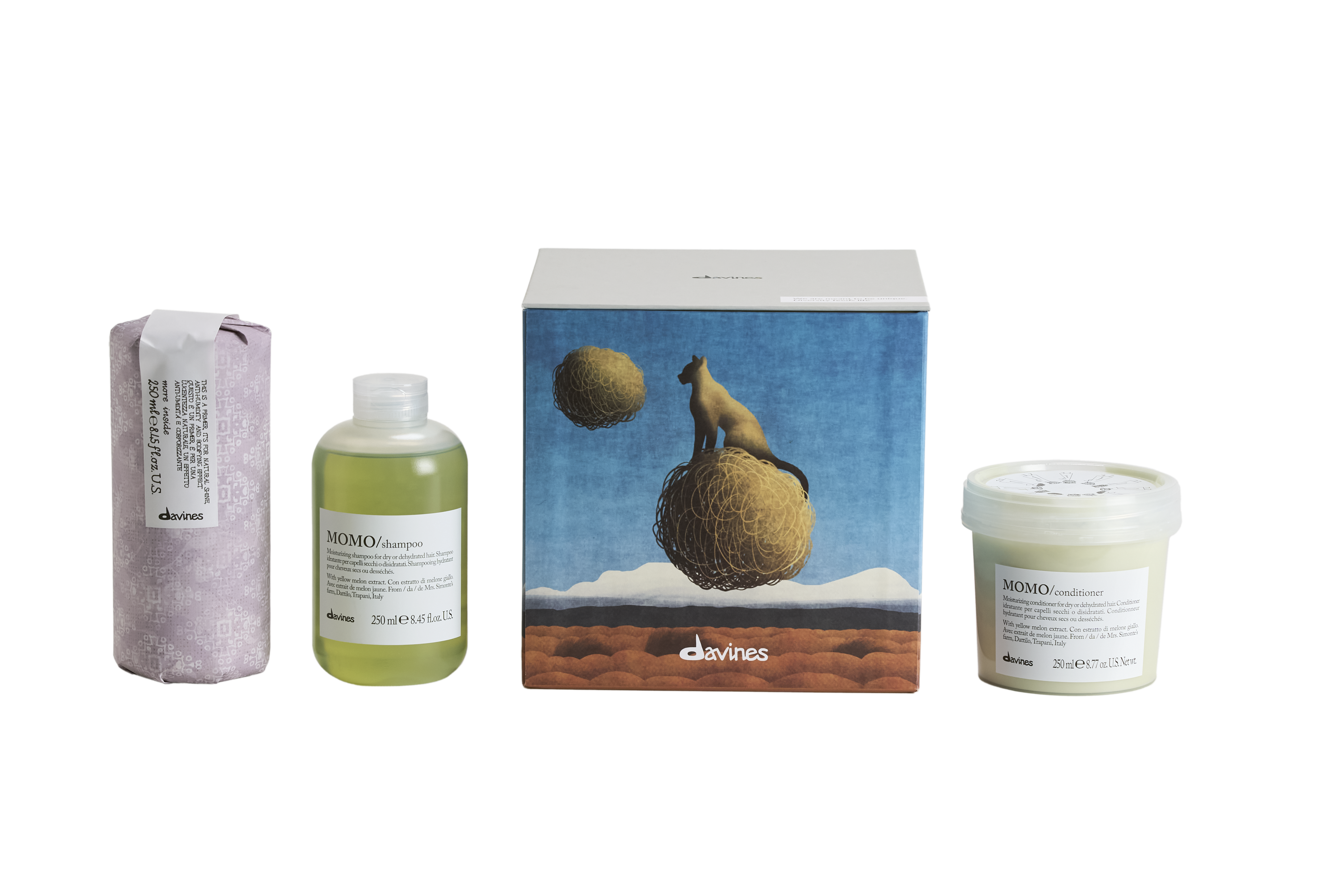 Davines MOMO kerstset Enchanting Prairie voor droog en gedehydrateerd haar met shampoo conditioner en primer