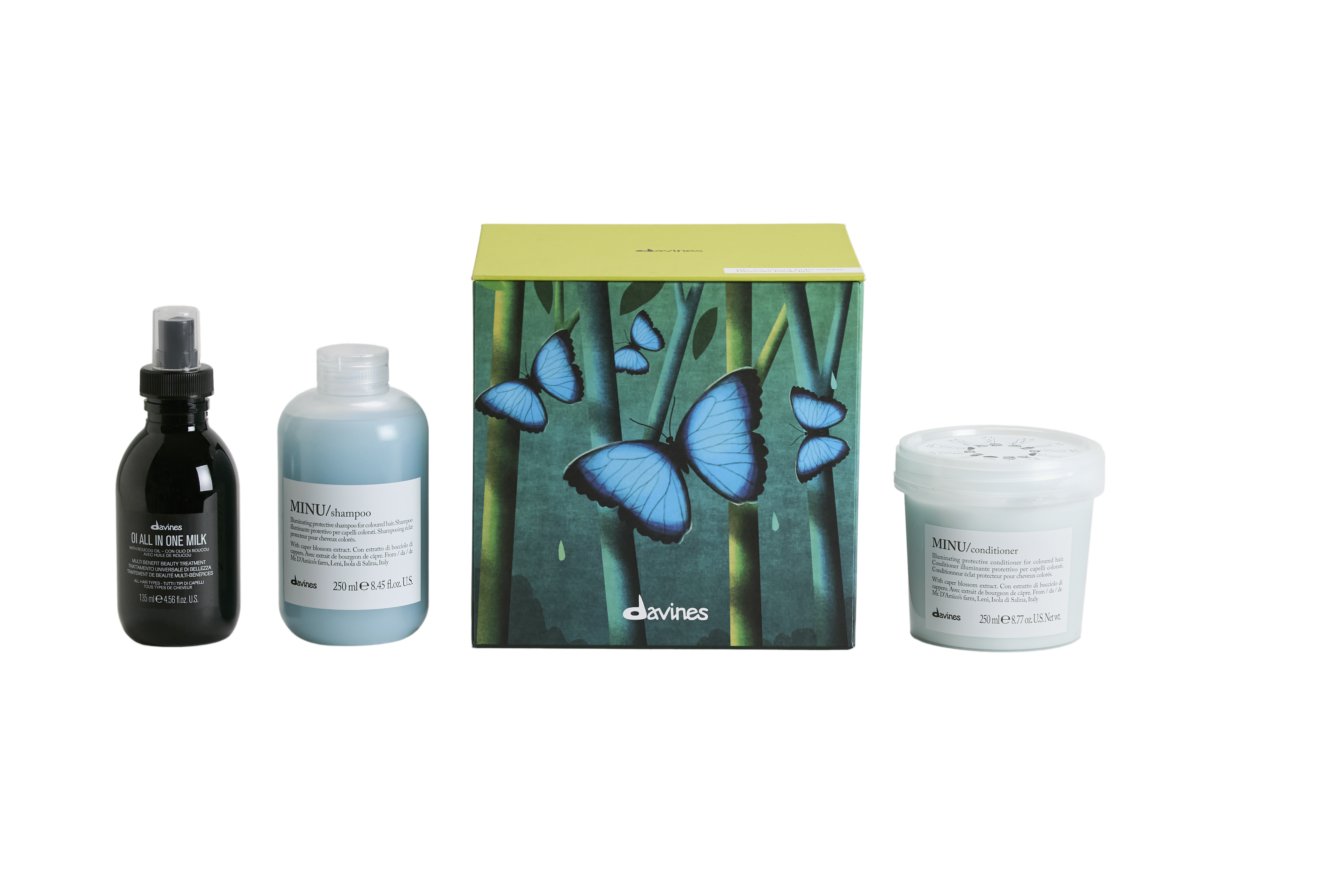 Davines MINU kerstset Magical Rainforest voor gekleurd haar met shampoo conditioner en OI all in one milk