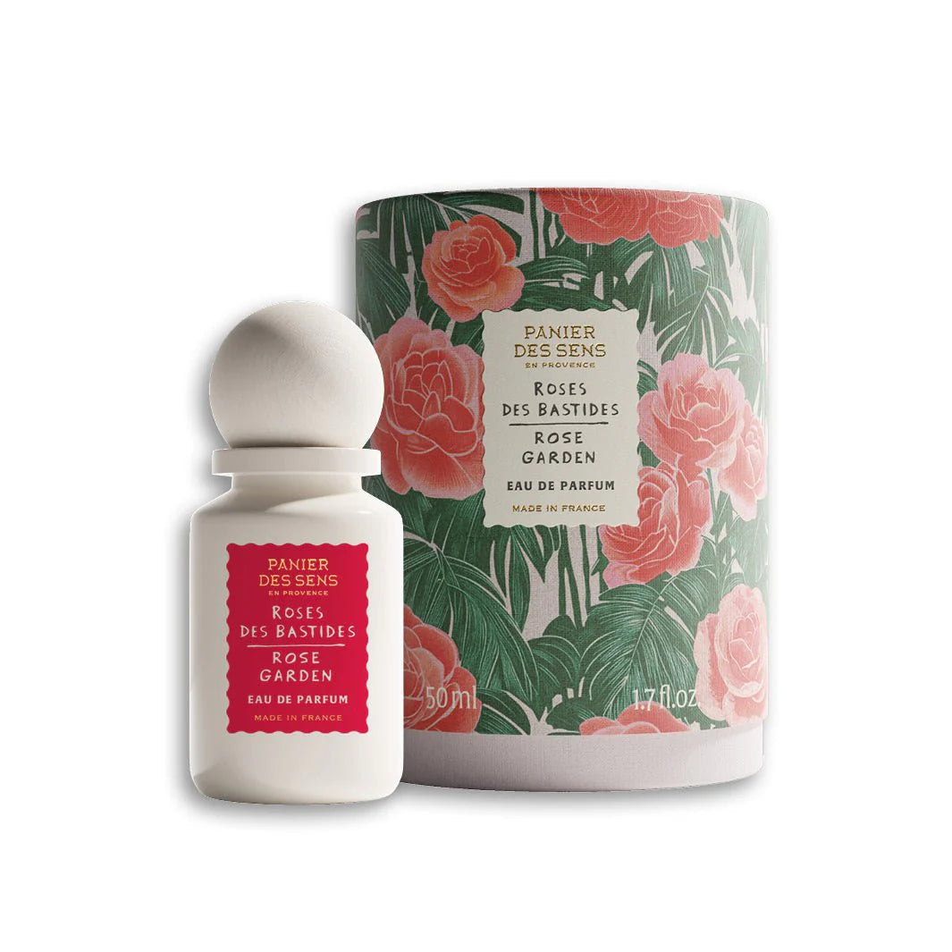 PANIER DES SENS ROSE DES BASTIDES eau de parfum verpakking met roze bloemenillustraties geïnspireerd op een Provençaalse rozentuin