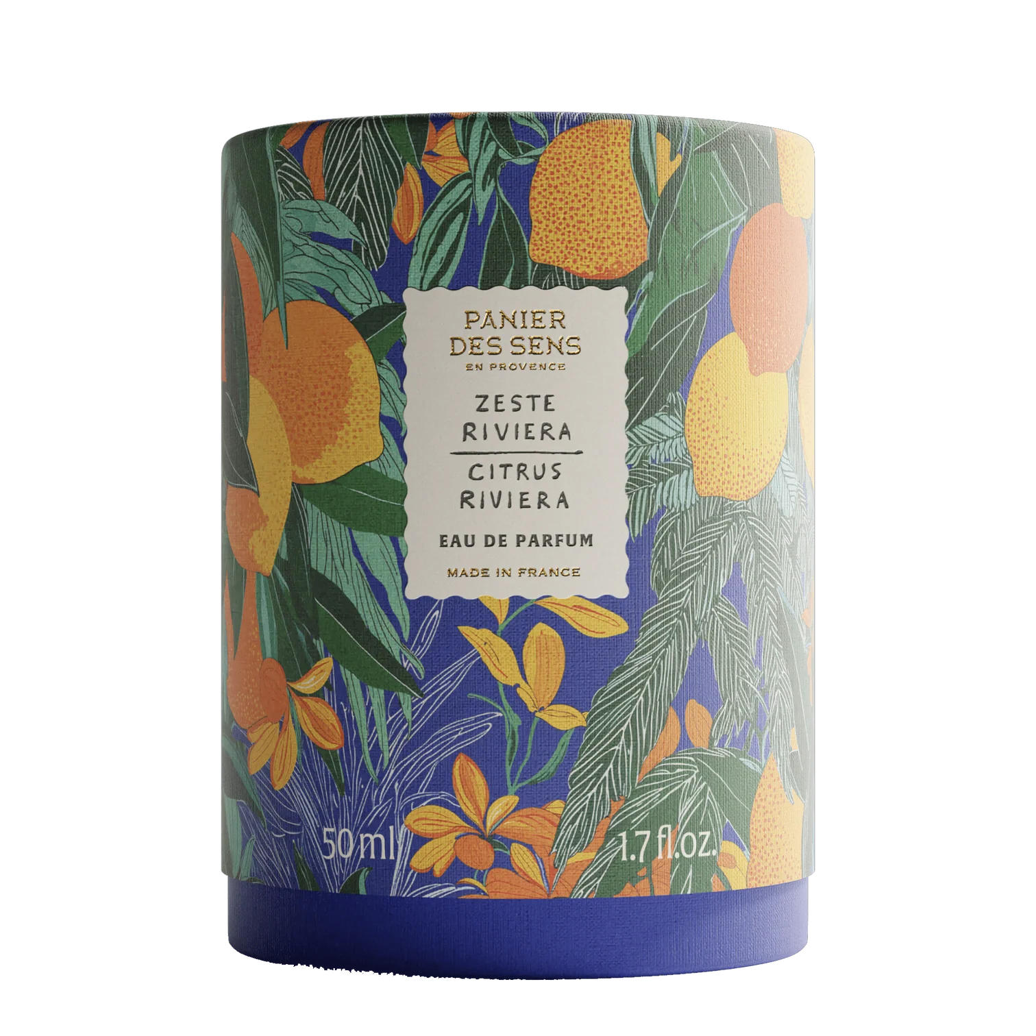 PANIER DES SENS ZESTE RIVIERA eau de parfum 50 ml verpakking met kleurrijke citrusillustraties geïnspireerd op de Riviera