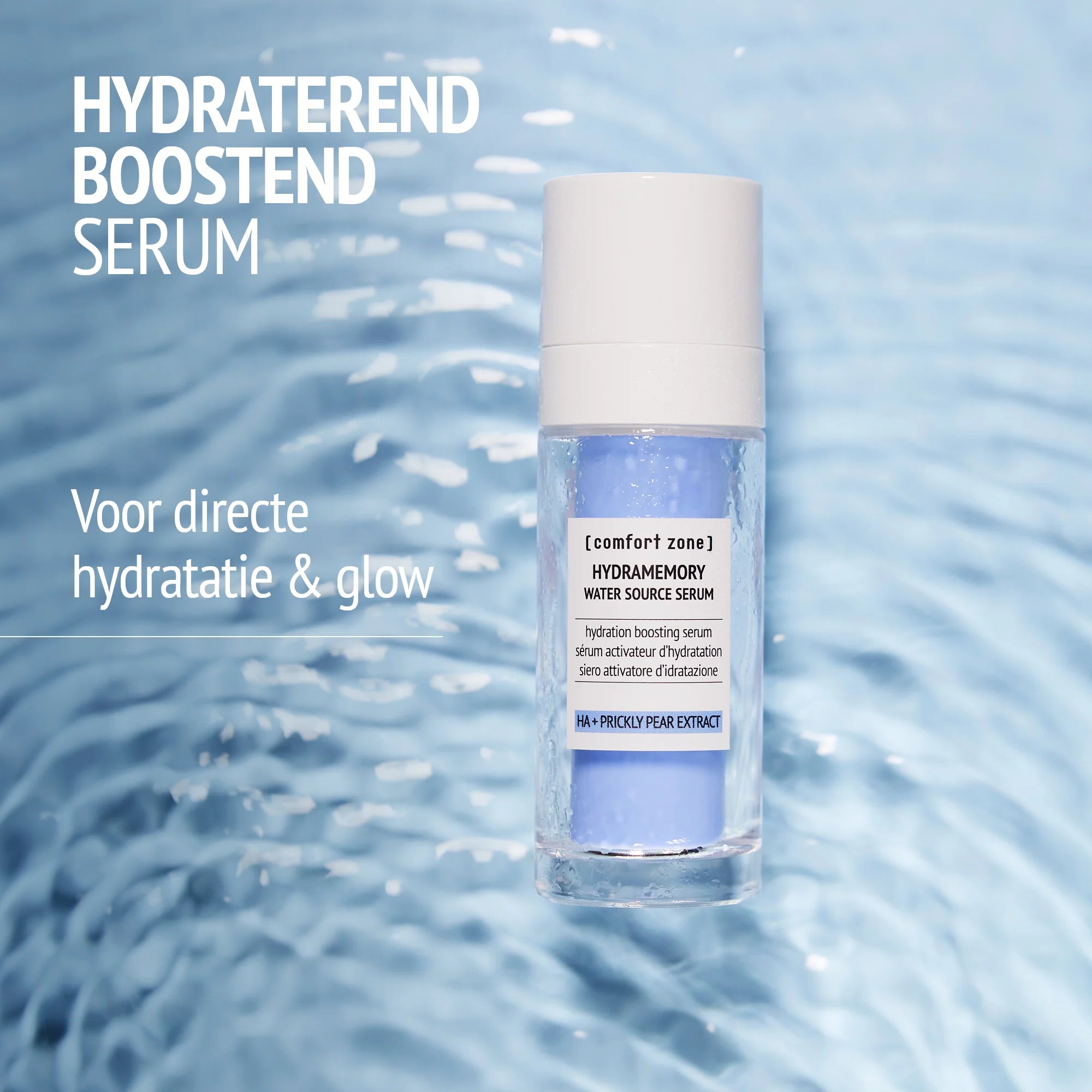 Close-up van [comfort zone] Hydramemory Serum met 98% natuurlijke ingrediënten en vegan textuur voor glow en hydratatie.